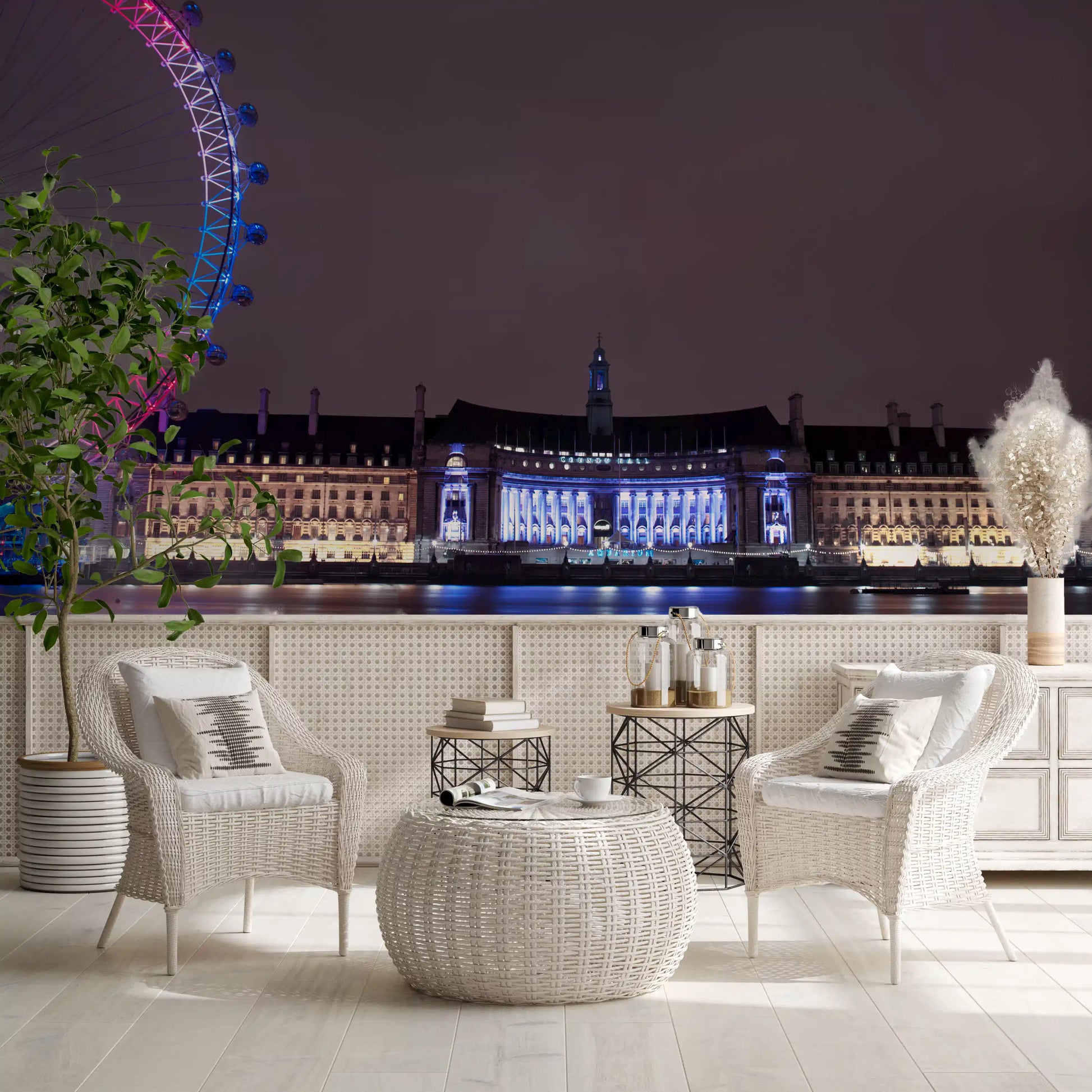 Glittering pink lights crown the London Eye in this Embankment Reflections wall mural