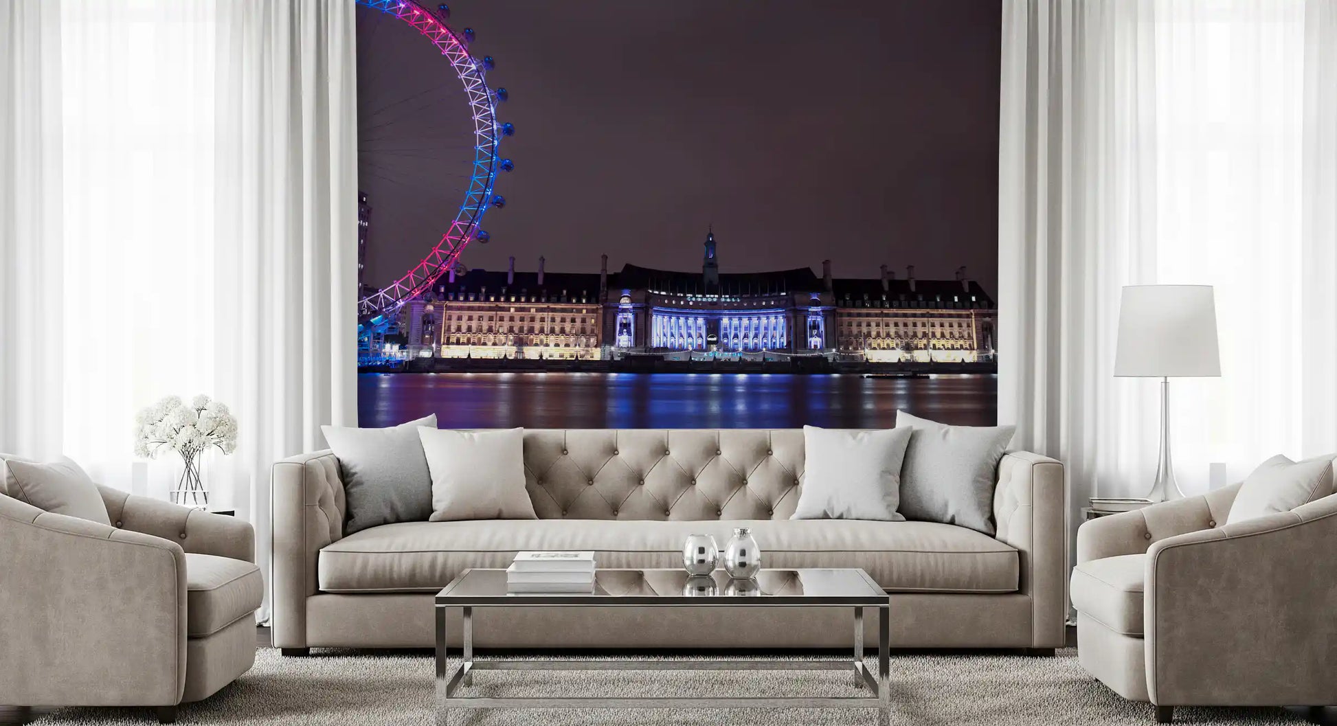 Gold radiance pours from arched windows in this London Embankment wall mural
