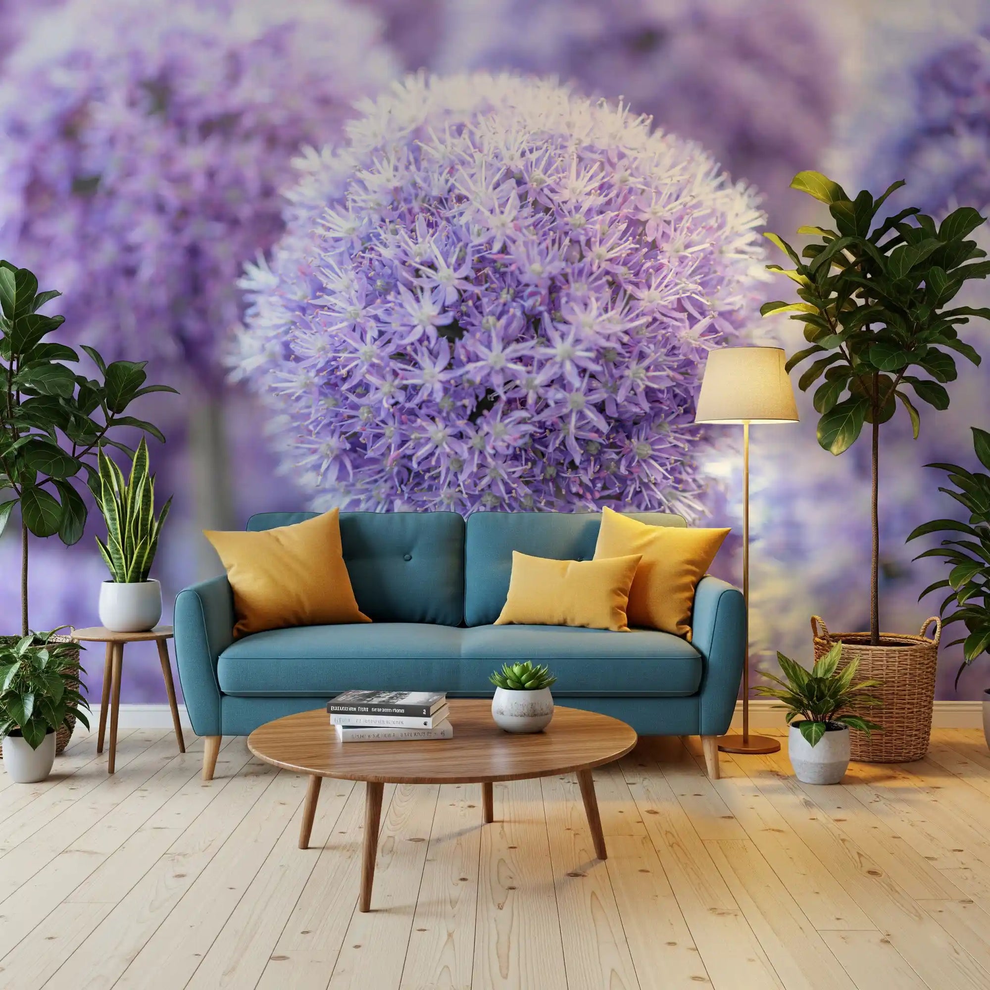 Living room shows the Purple Floral Orb wall mural in lavender and pale grey tones.