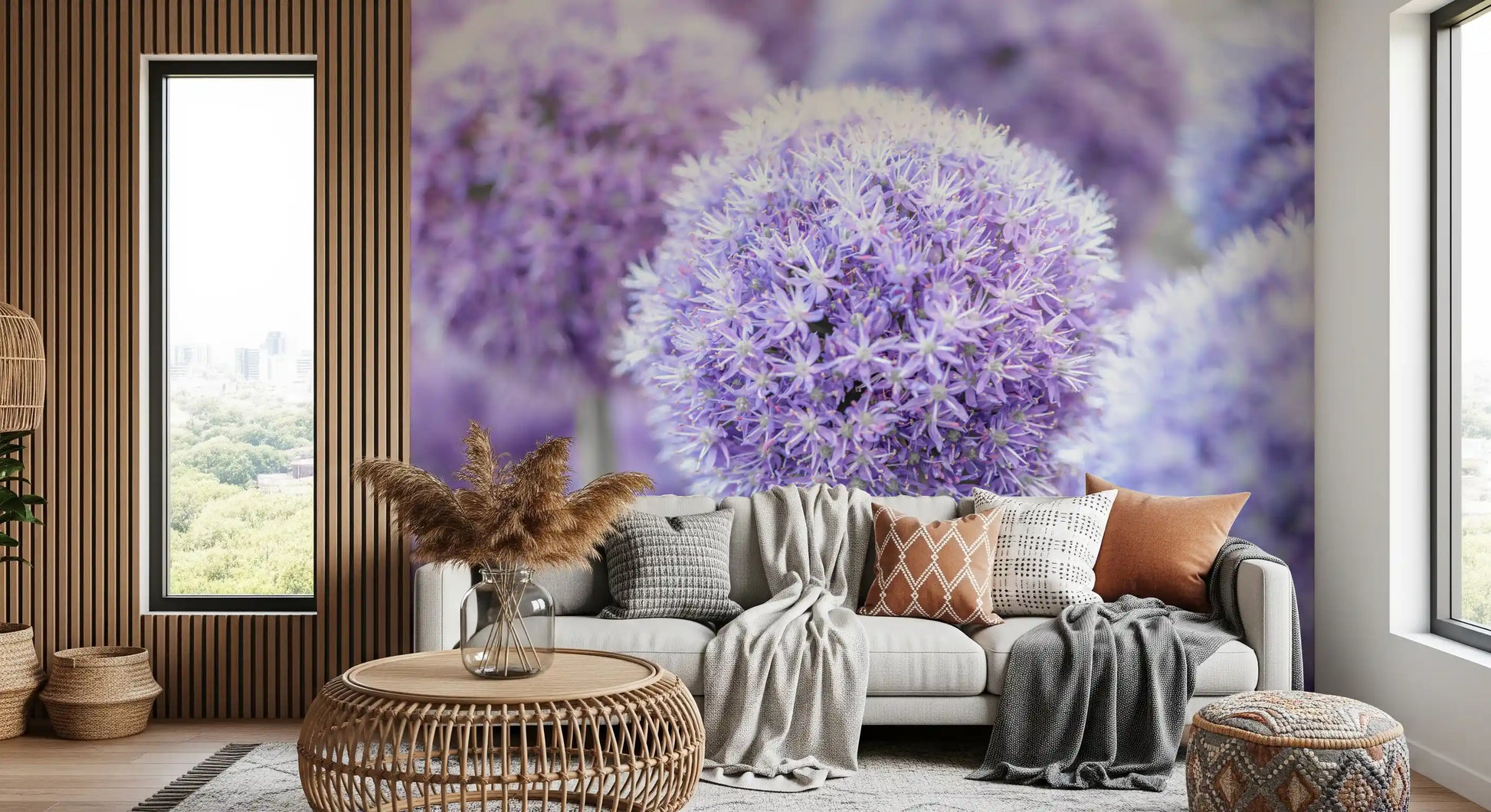 Pale violet shading meets cool lilac throughout the Purple Floral Orb wall mural.