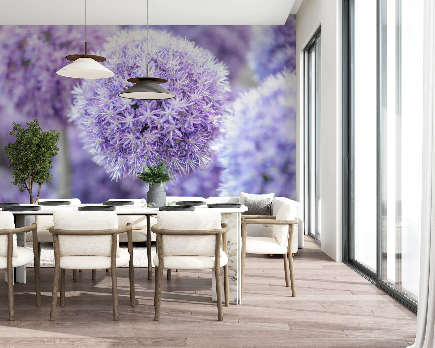 A hazy lilac backdrop sits in the Dining room as the Purple Floral Orb wall mural.