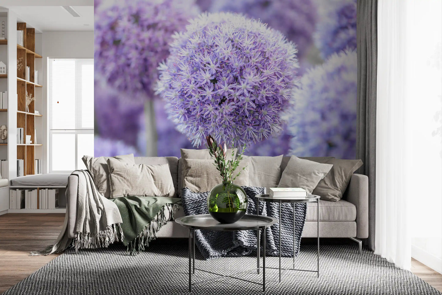 Hundreds of star florets fill a Living room view with the Purple Floral Orb wall mural.