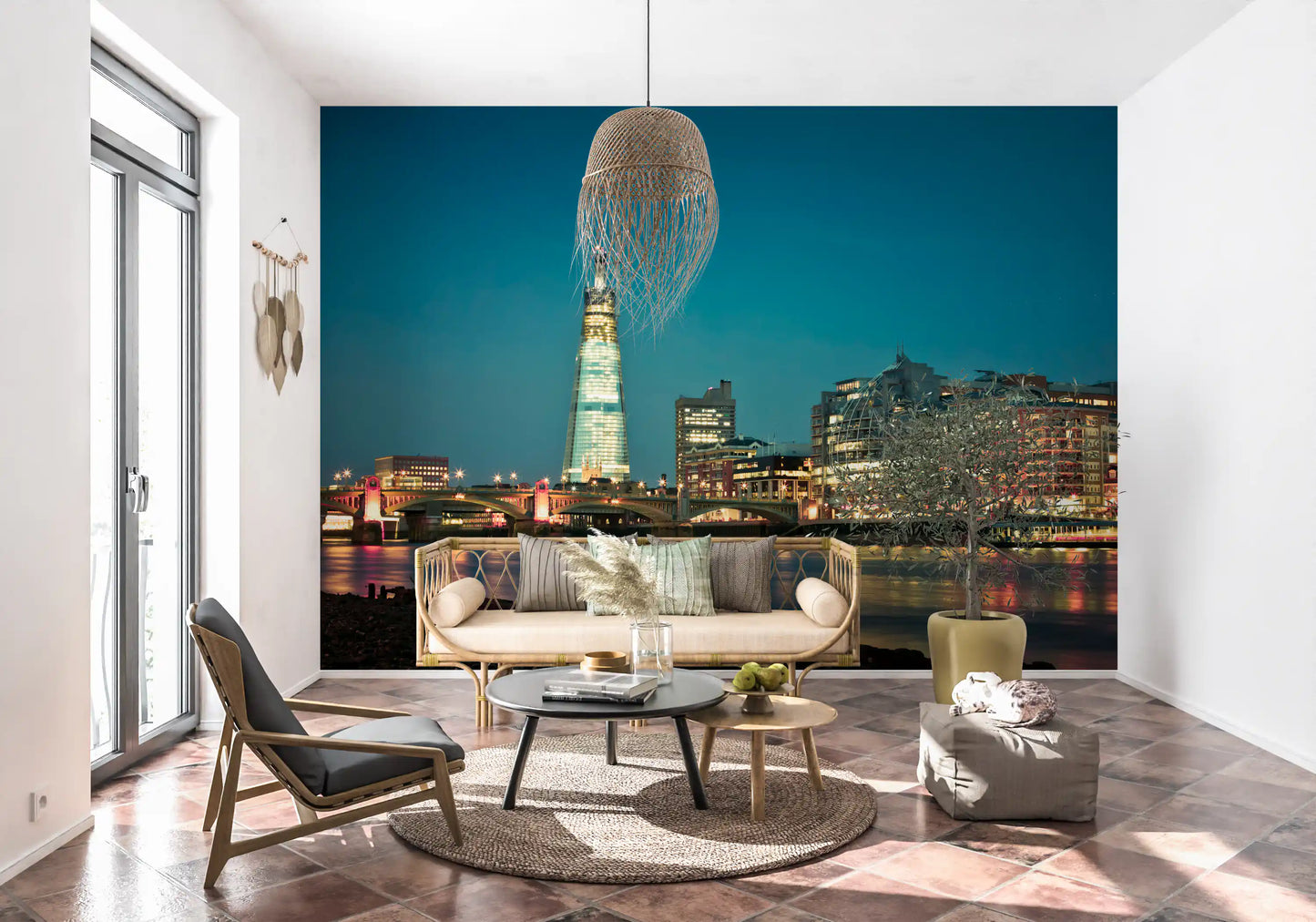 Bridge lamps and Shard glow trail down a hallway in the London Skyline wall mural