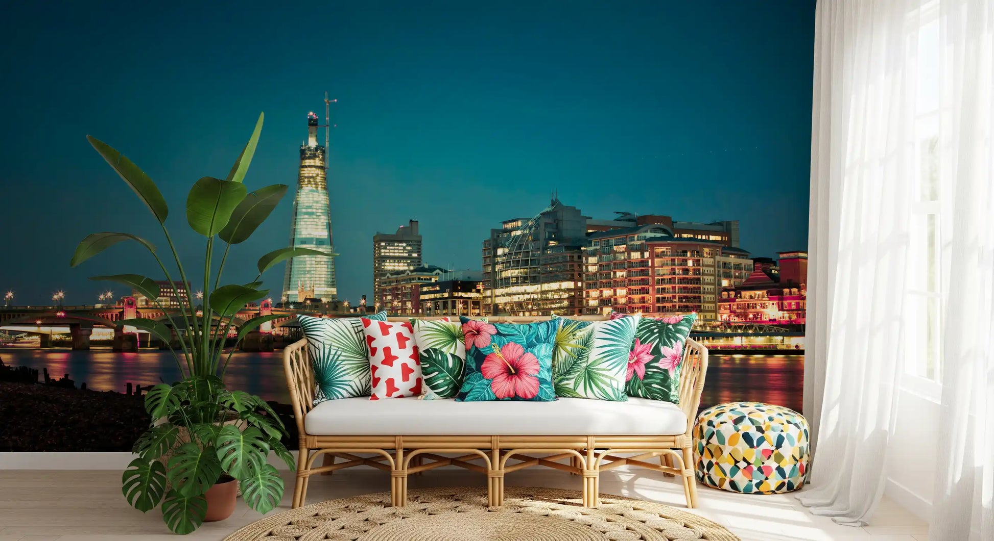 Cool city tones reach the Living room from the London Skyline wall mural overhead