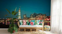 Cool city tones reach the Living room from the London Skyline wall mural overhead