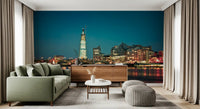 From the London Skyline wall mural, a living room gains evening warmth and depth