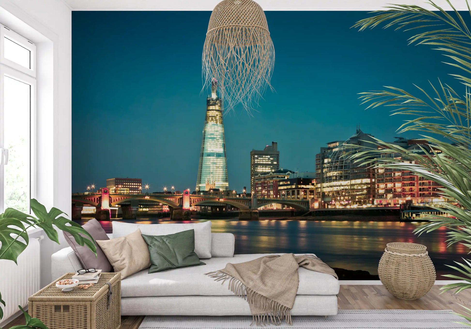Deep blue hour sky surrounds the city outline in a London Skyline wall mural