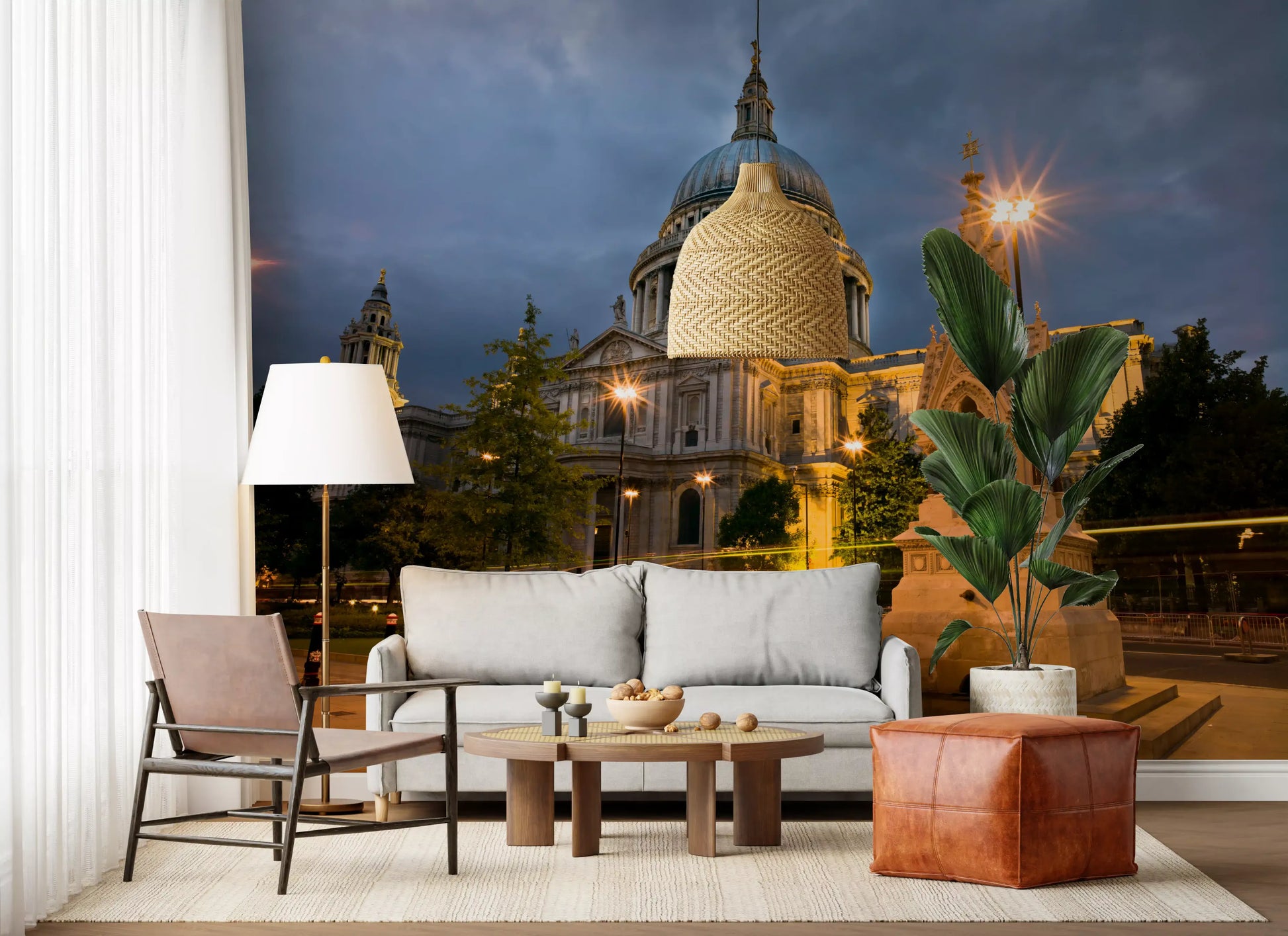 A giant London cathedral fills the lounge thanks to this Evening Glow wall mural.