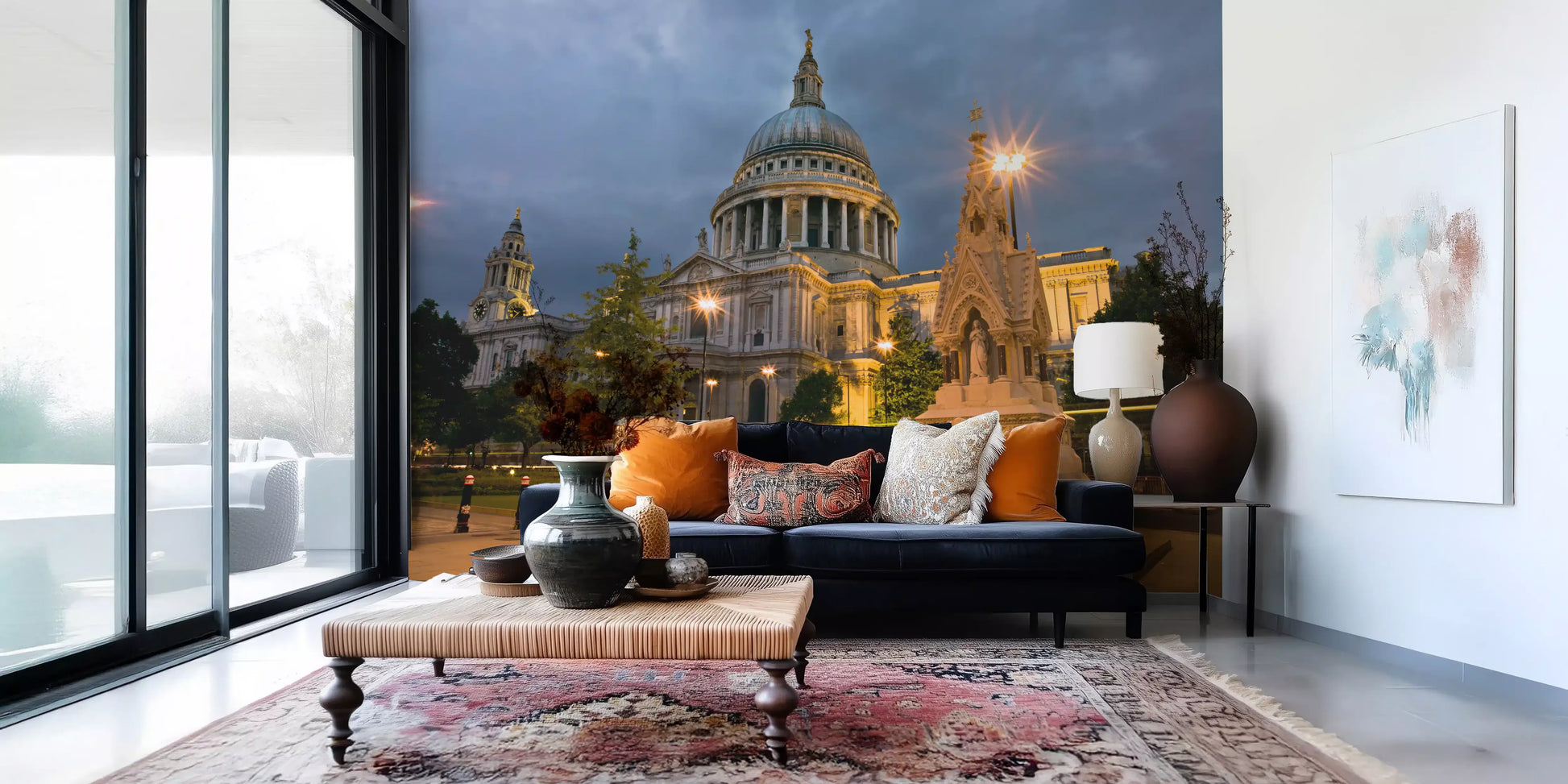 Amber lamps glow steadily against deep navy sky in the St. Paul's Dome wall mural.