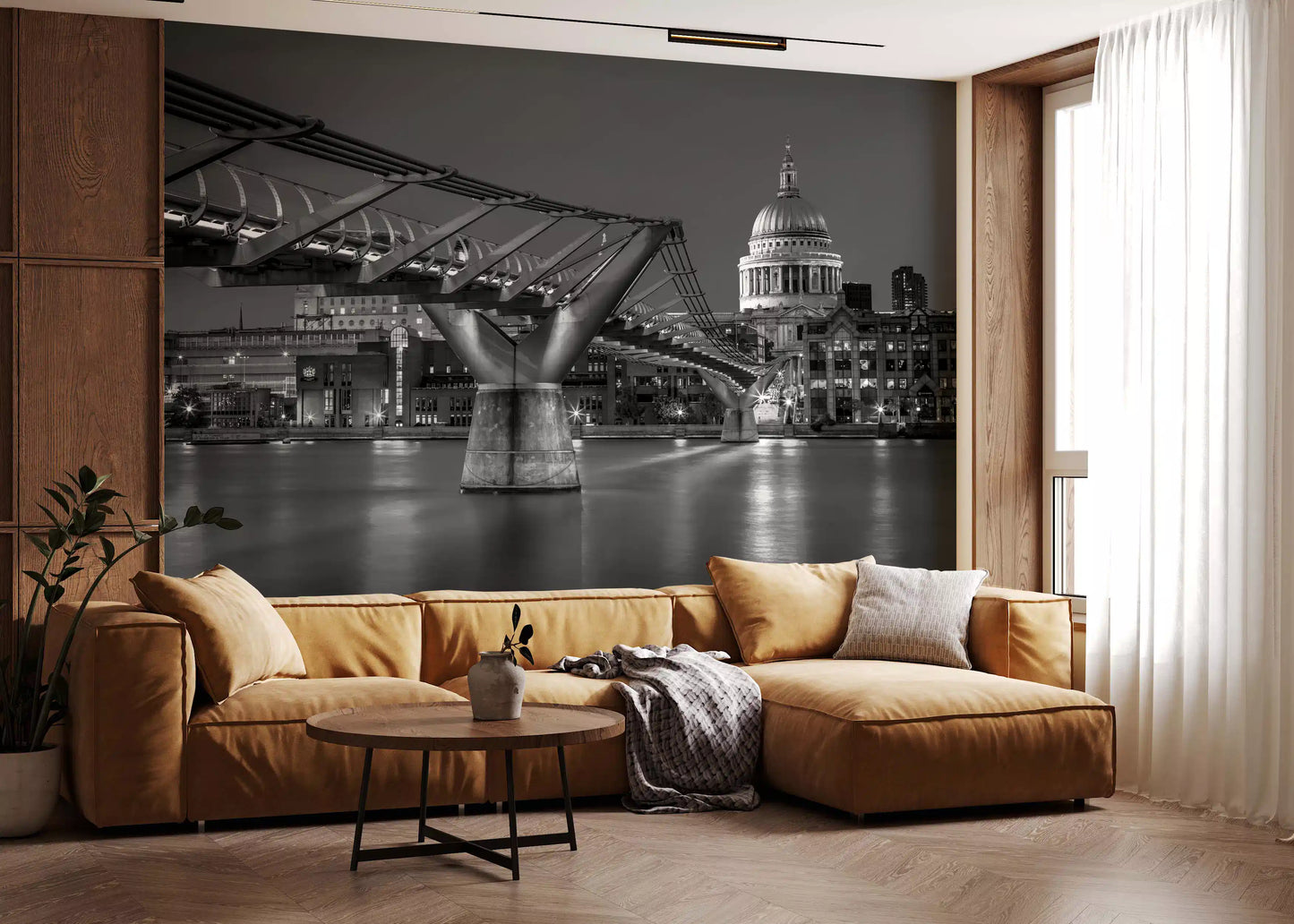 Quiet greyscale frames a Living room from this London Millennium Bridge Nightfall wall mural.