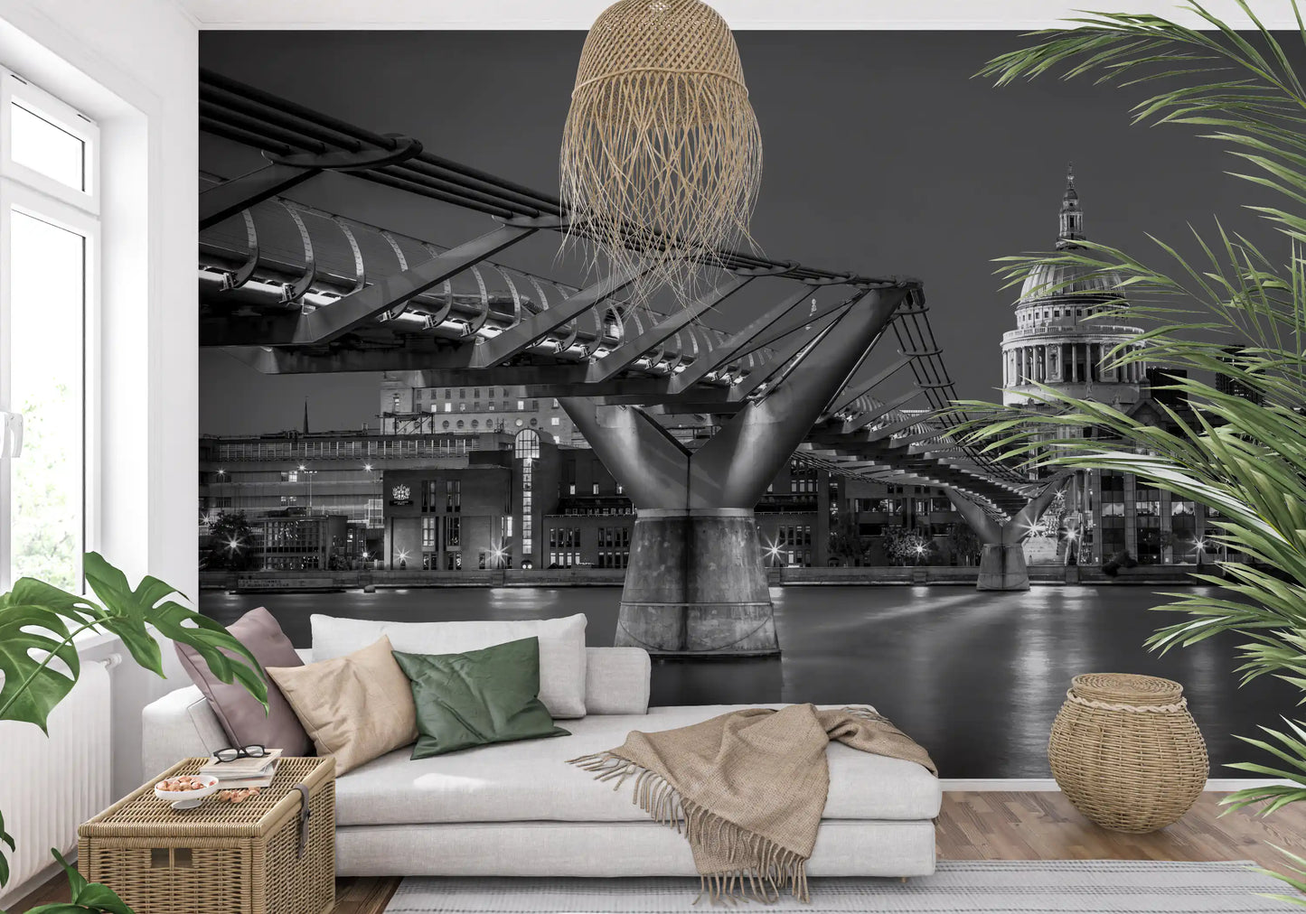 Lateral cables run wide across the London Millennium Bridge Nightfall wall mural.