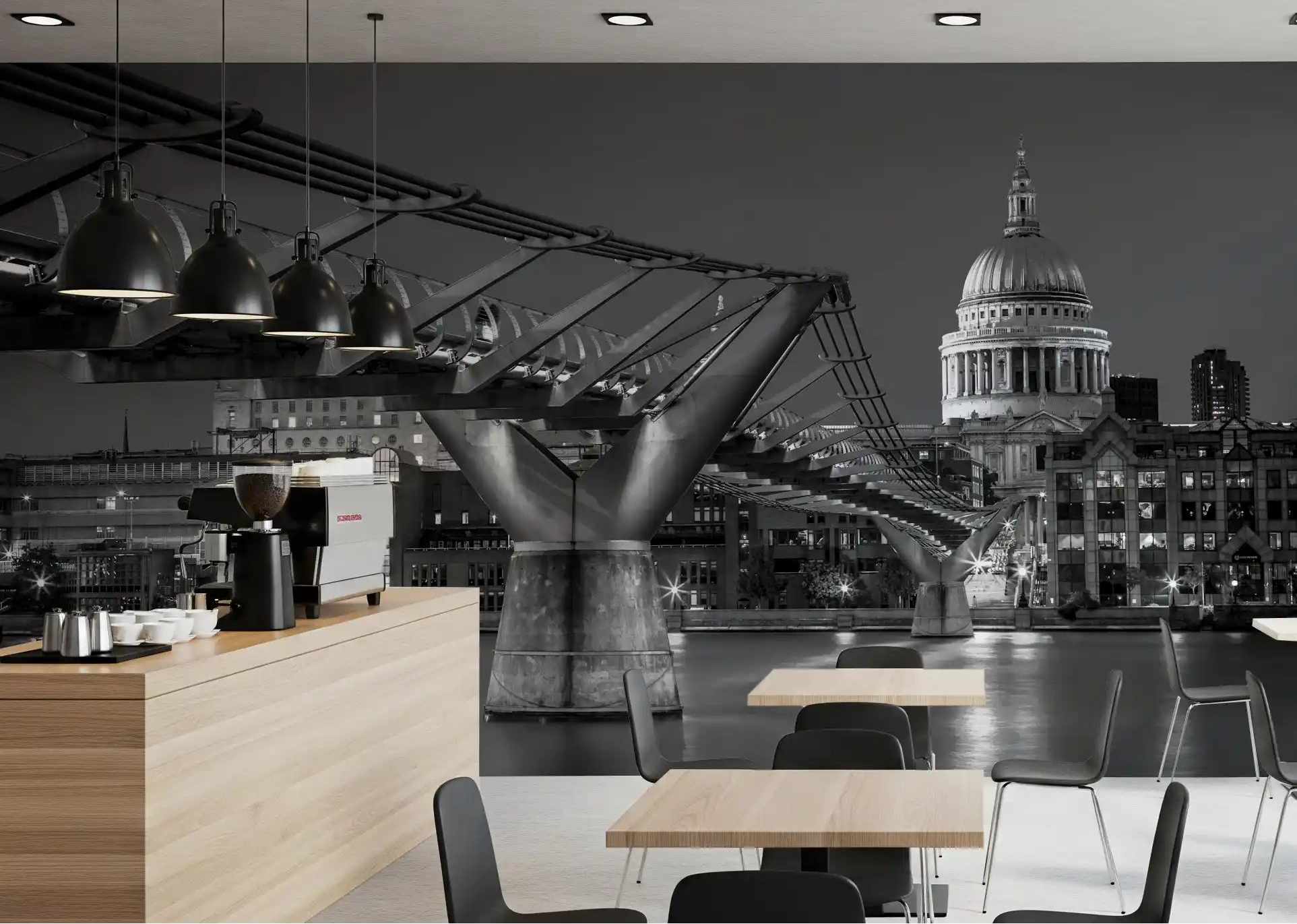 St Paul's dome rises beside a Café through this Millennium Bridge wall mural.