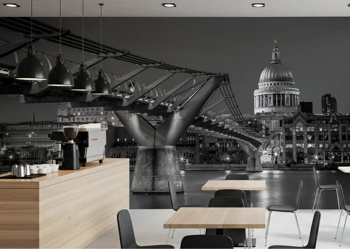 St Paul's dome rises beside a Café through this Millennium Bridge wall mural.