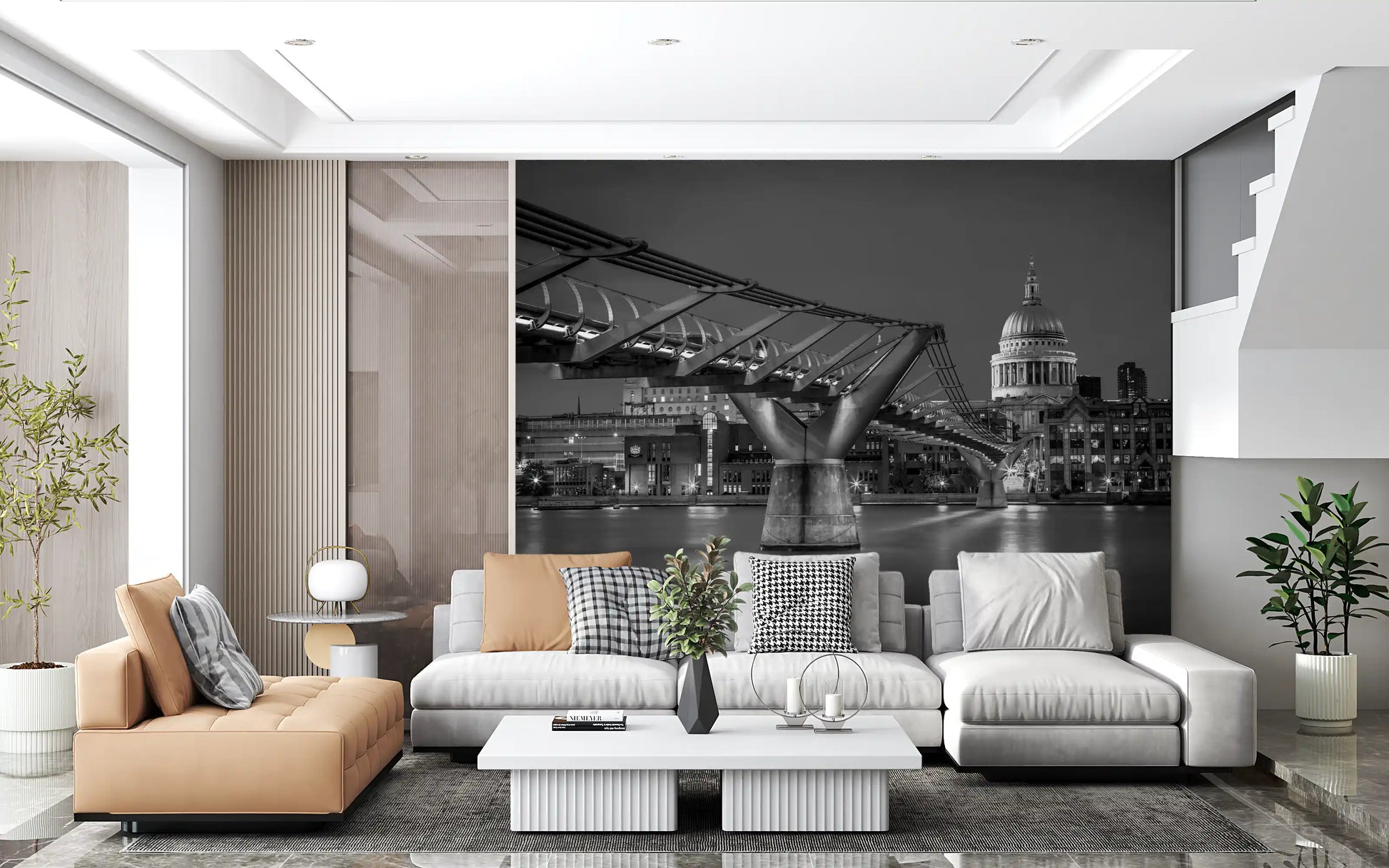 Light reflections play across the foreground of this Millennium Bridge wall mural.