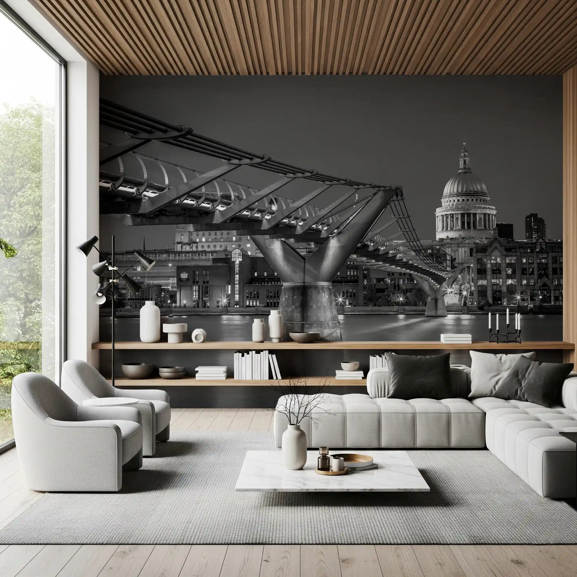 Late-evening city view on the Millennium Bridge wall mural lights a Hallway  in low tones.
