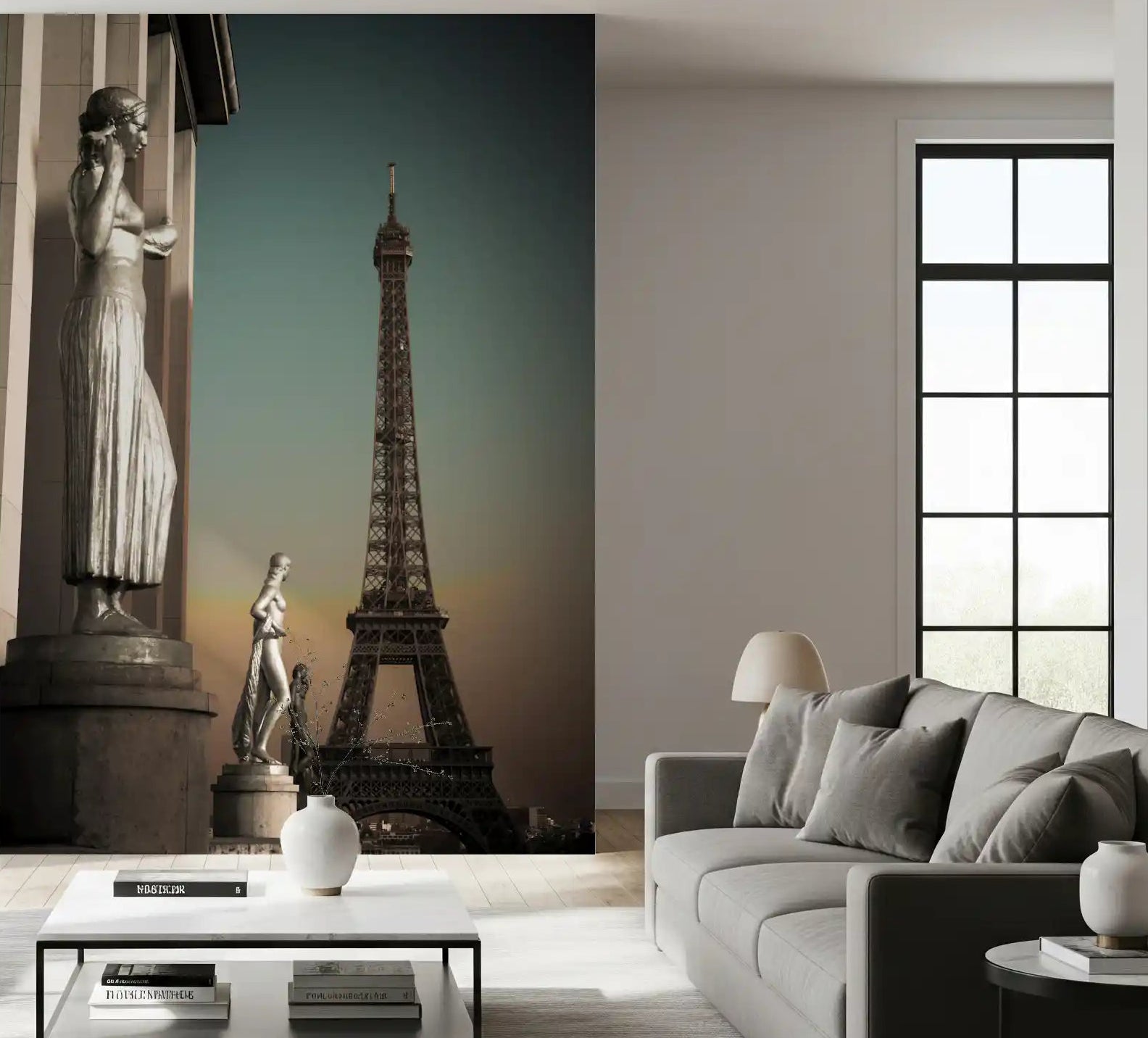 Eiffel Tower lifts above the living room in this Parisian Grandeur wall mural