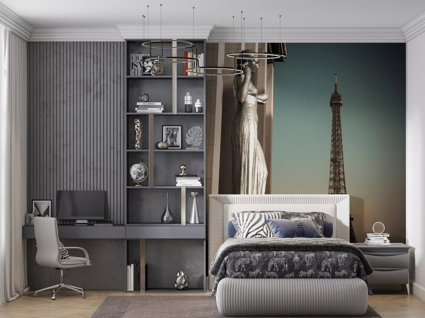 Silver sculpture trio holds the Bedroom beneath the Statues and Tower wall mural