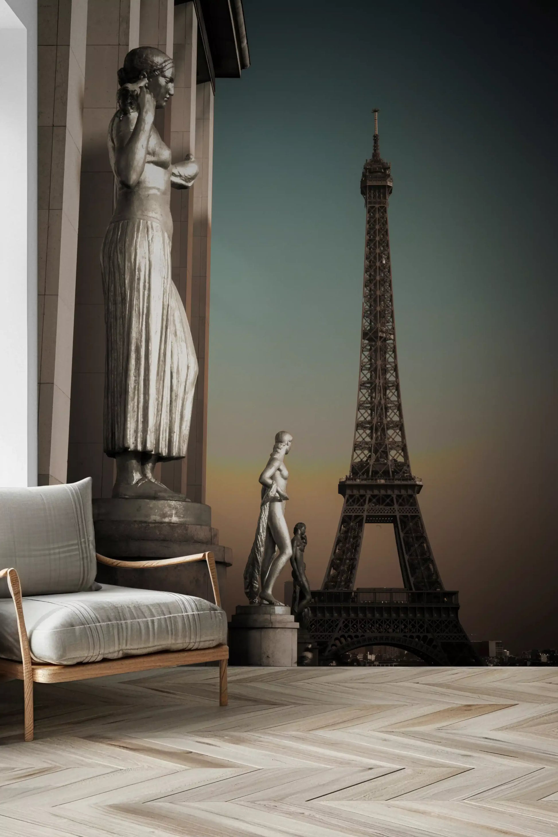 Late sun lights up the hallway beside this Grandeur wall mural
