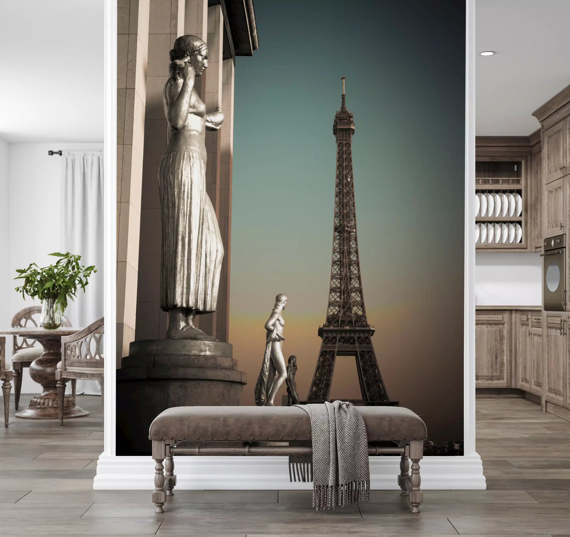 Classical figures pose beneath the spire in this Parisian Tower wall mural