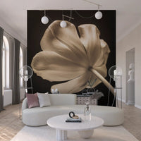 Sepia tulip head greets the living room from the Ethereal Tulip Bloom wall mural.