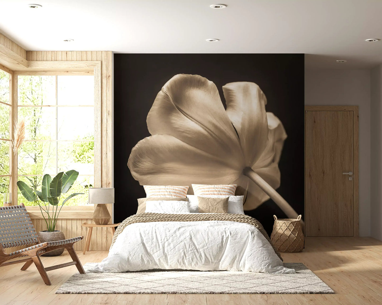 Petal veining of the Ethereal Tulip Bloom wall mural shines down a Bedroom.