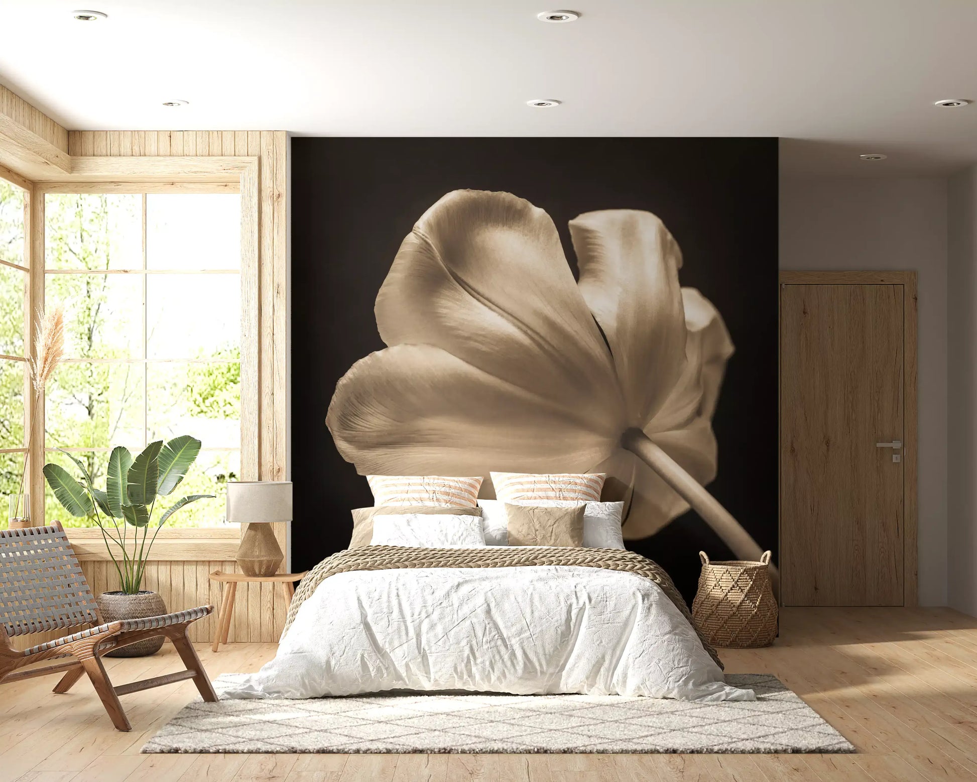 Petal veining of the Ethereal Tulip Bloom wall mural shines down a Bedroom.