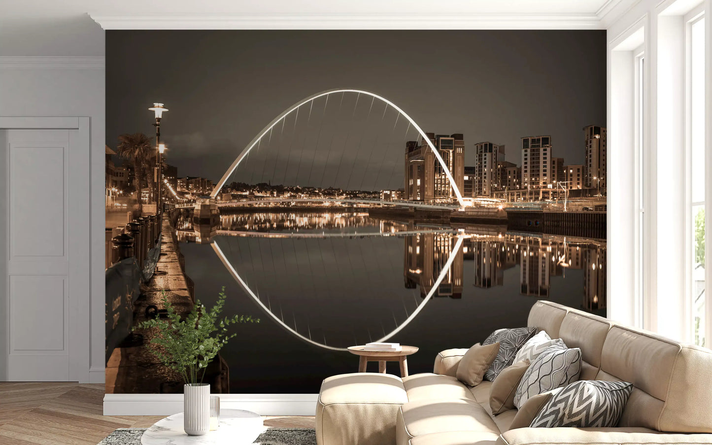 River stillness and bridge curve gather in a lounge under this Archway wall mural