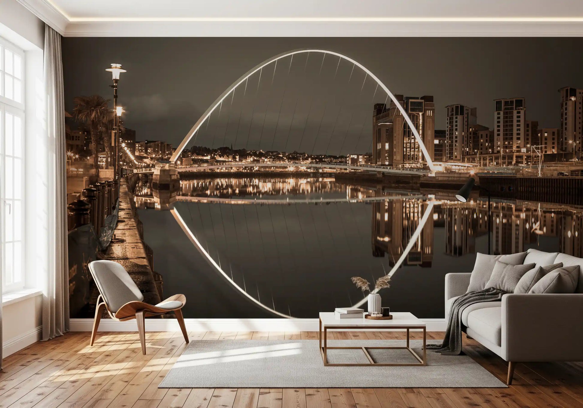 Doubled bridge image holds a Hallway in calm reflection under the Archway wall mural