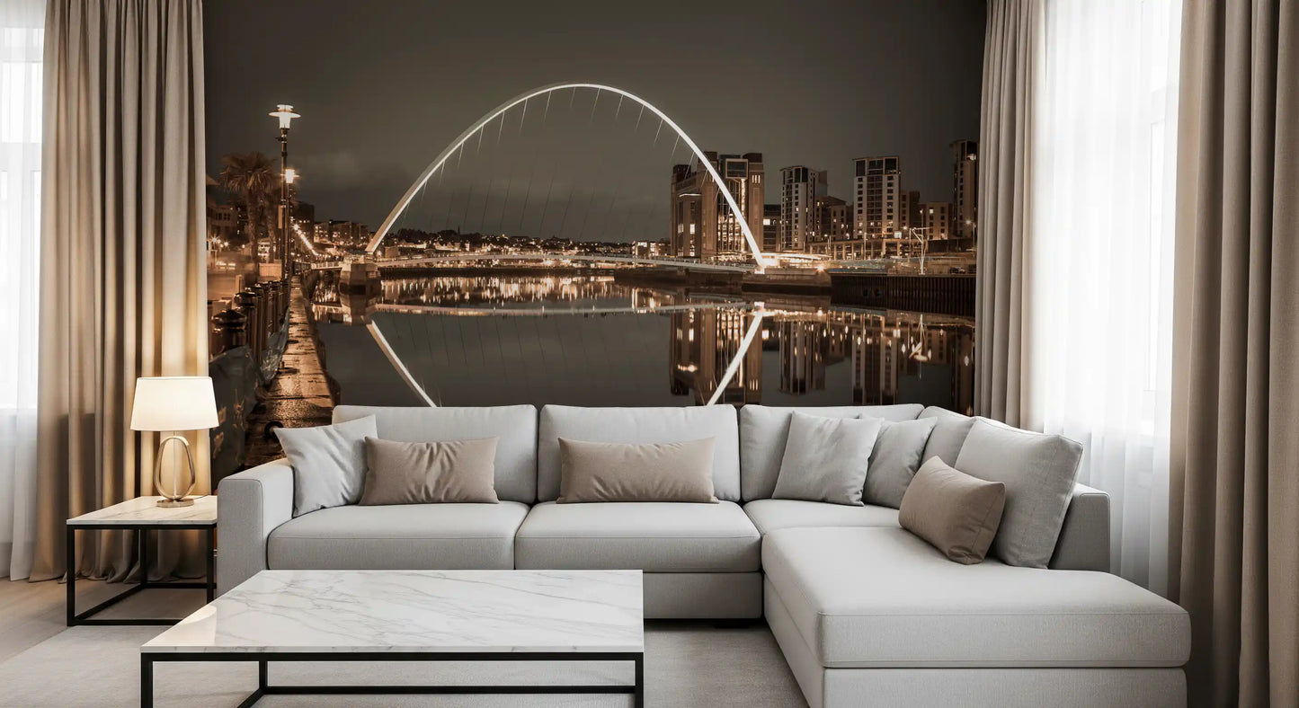 Sepia brown tones unify sky, buildings and water in this Archway of Light wall mural