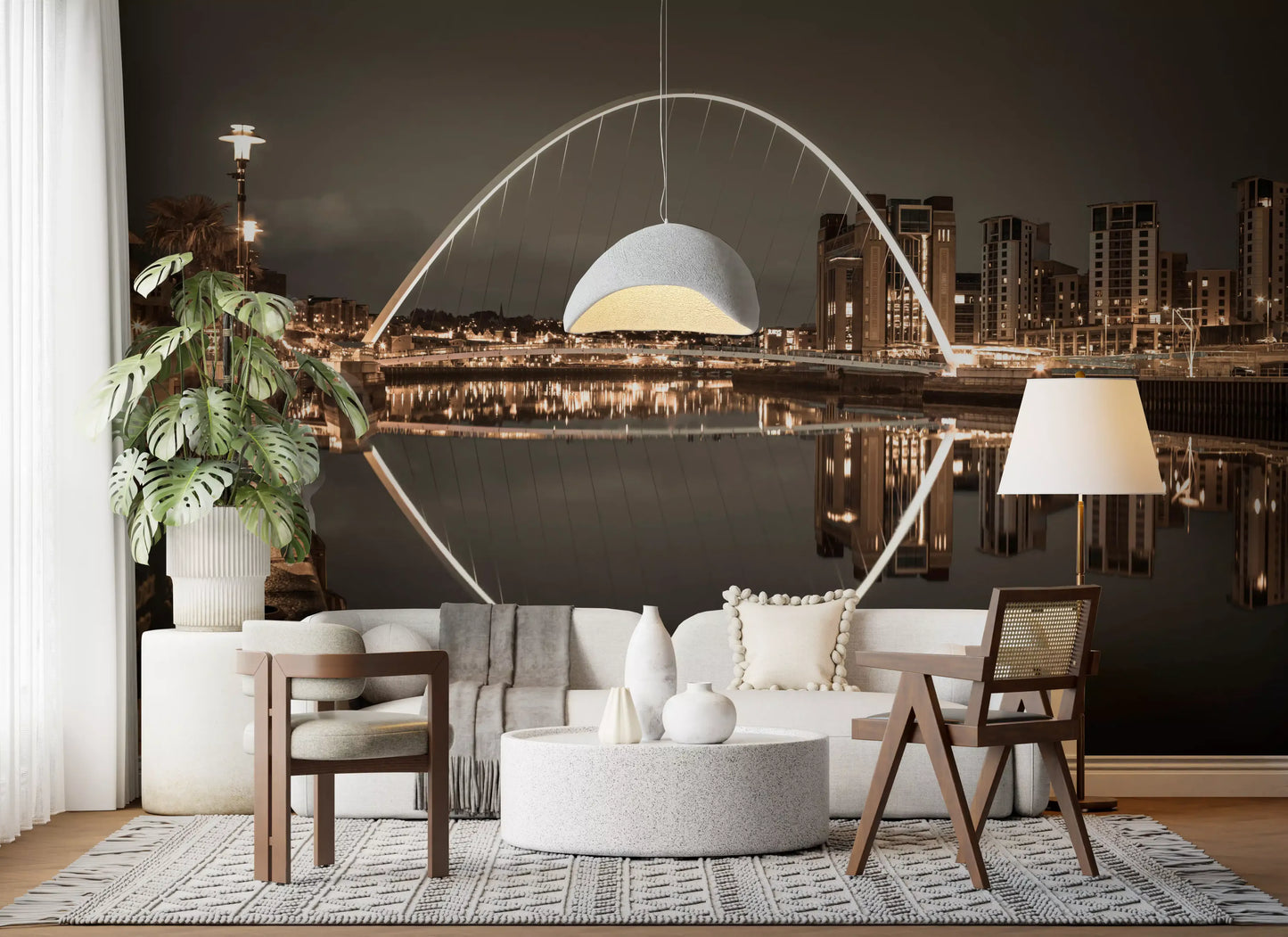 Hushed sepia atmosphere fills a Living room through the Archway of Light wall mural