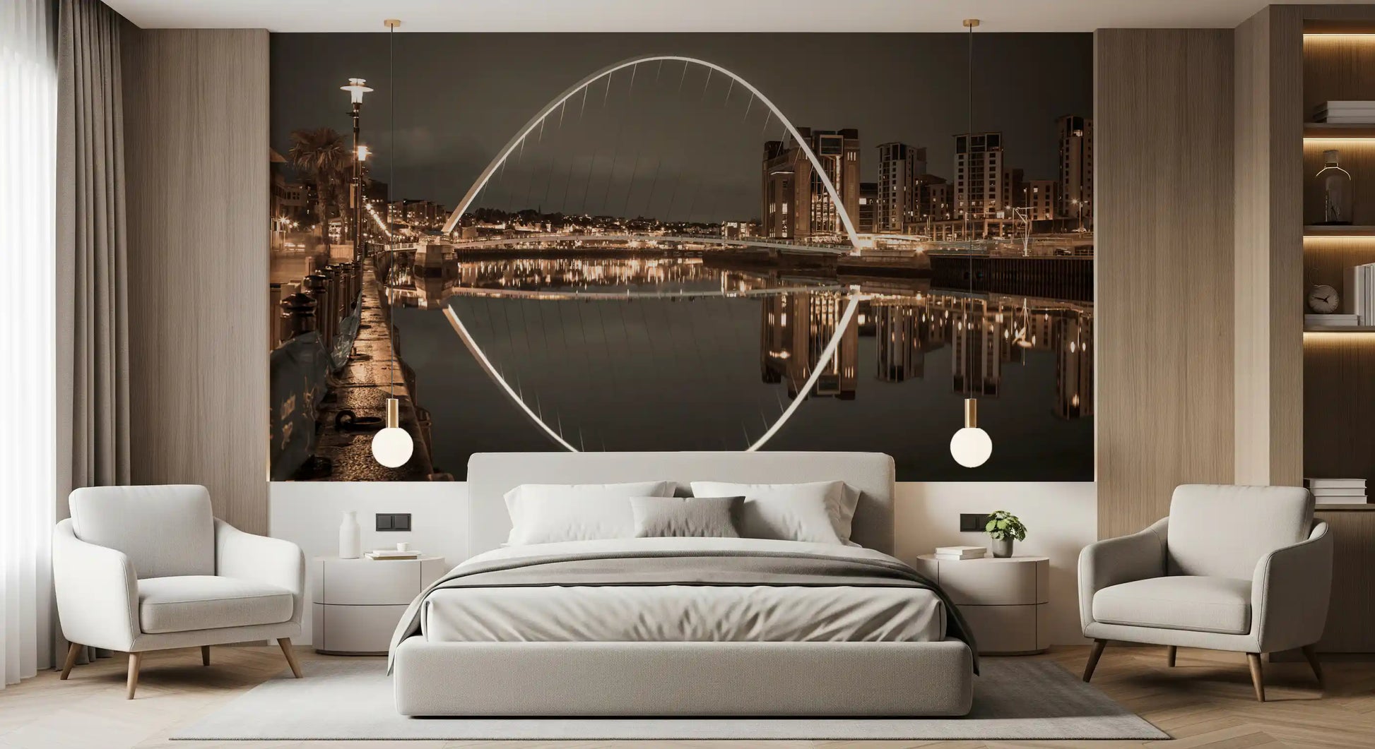 Illuminated arch bridge curves above its glass-still reflection in this wall mural
