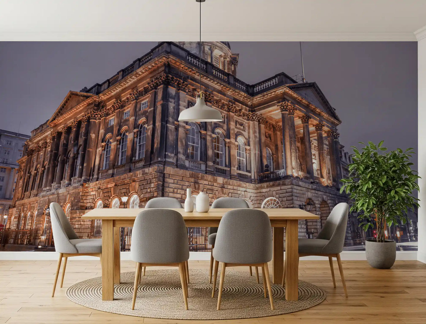 Warm gold lamp light beams onto wet pavement in the Nightfall Majesty wall mural.