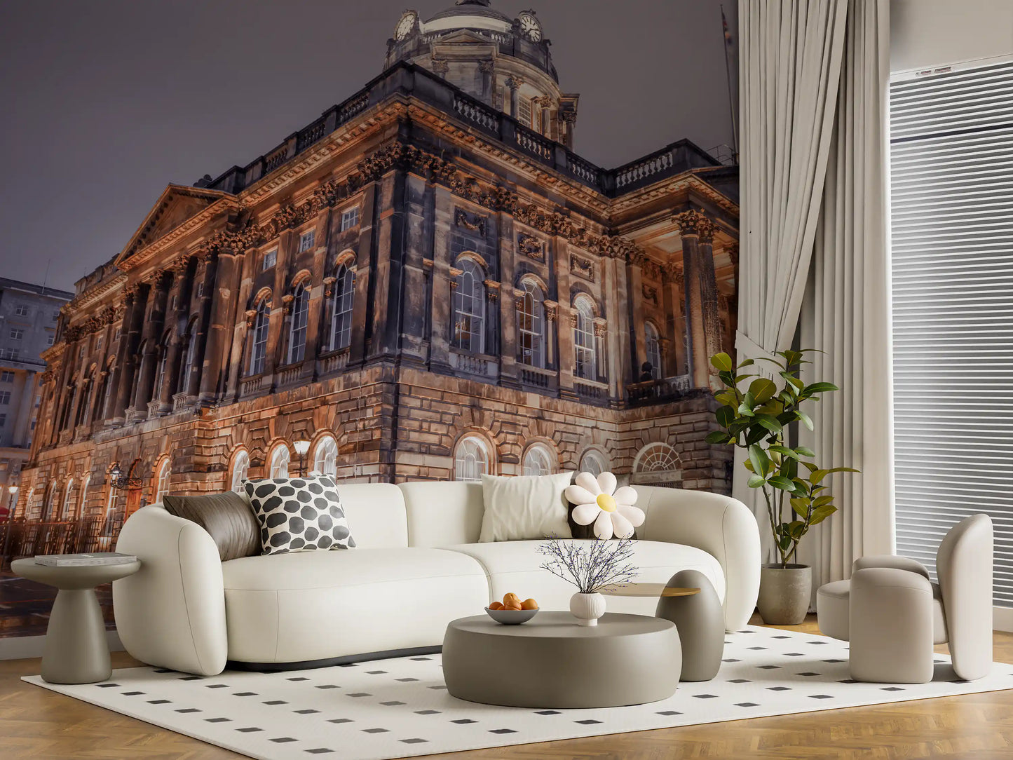 Crowning the building, a small dome and clock face top this Nightfall Majesty wall mural.