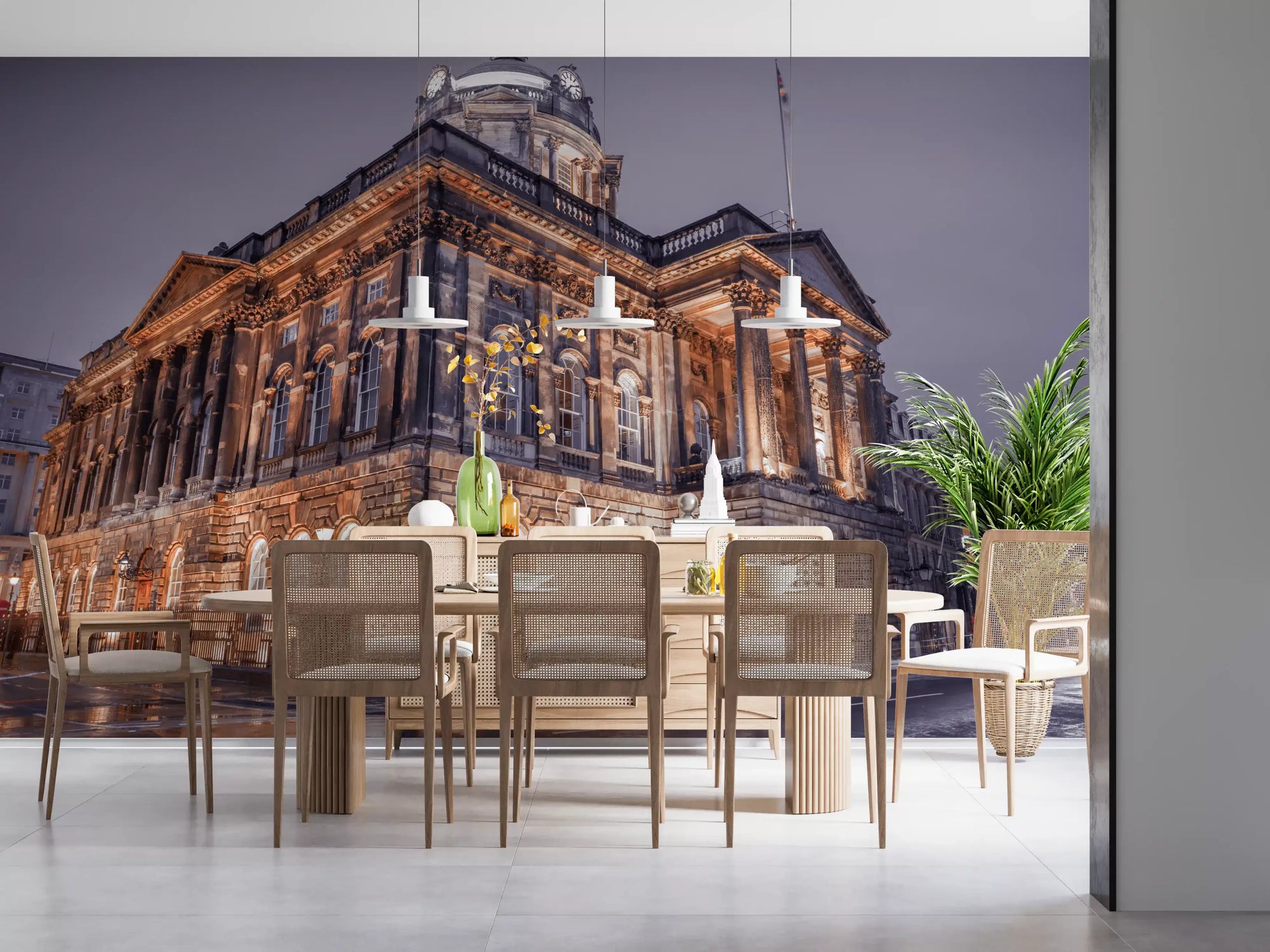 Hushed night mood drifts through the Dining room, the Nightfall Majesty wall mural at back.