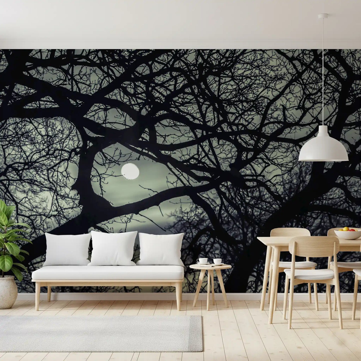 Lone glowing moon centres a Dining room through the Midnight Branches wall mural.