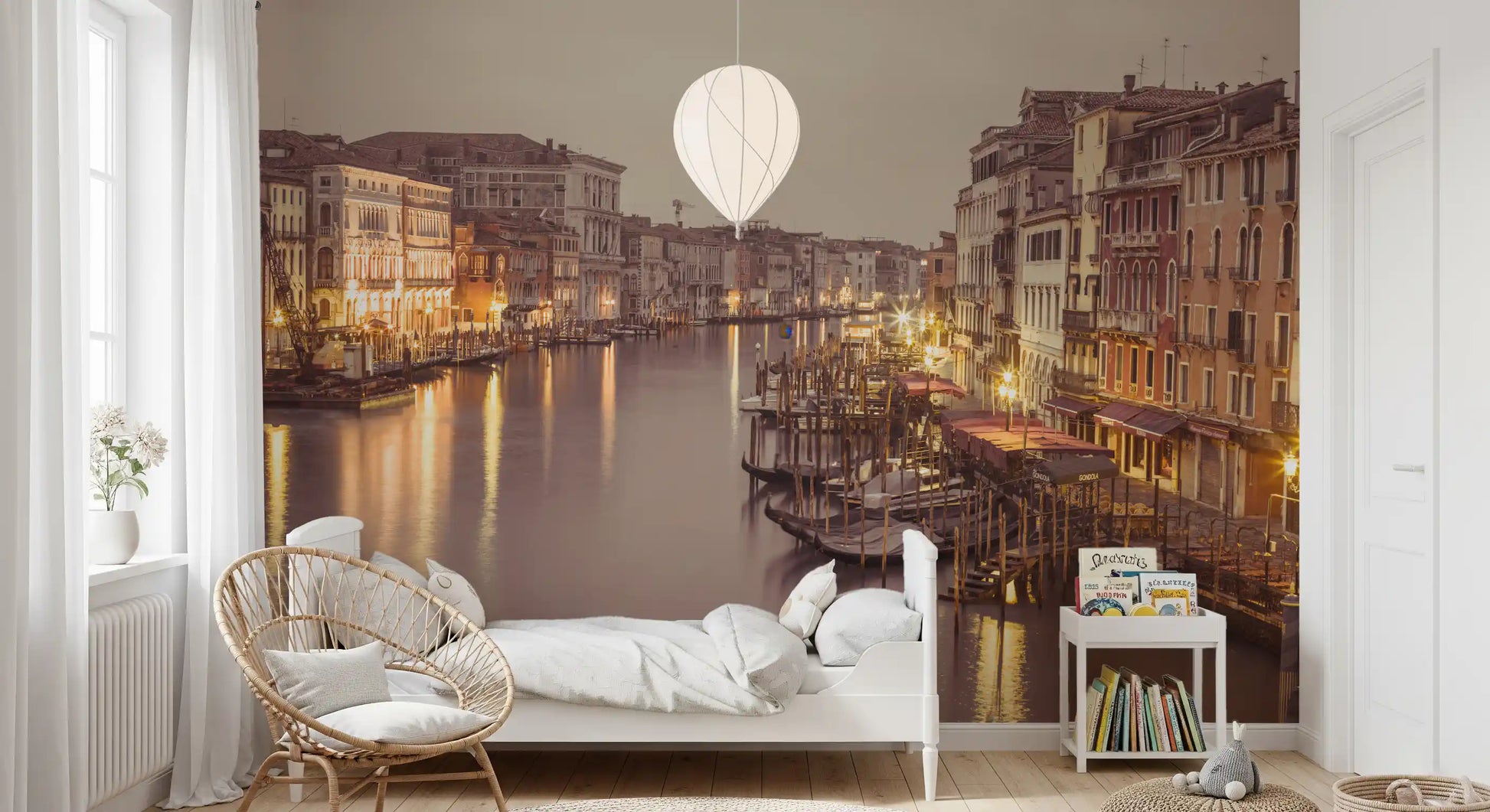 Palazzo windows sparkle beside the kids Bedroom through the Venetian wall mural