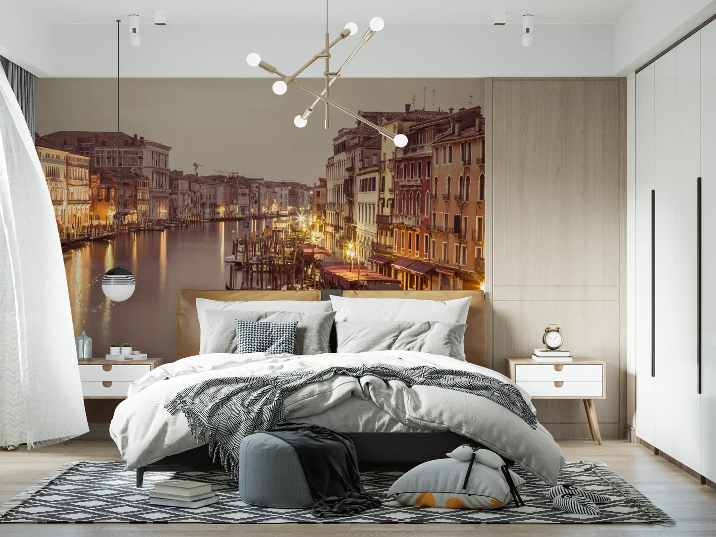 Red canopies cover boats at the right dock in this Venetian Grand wall mural