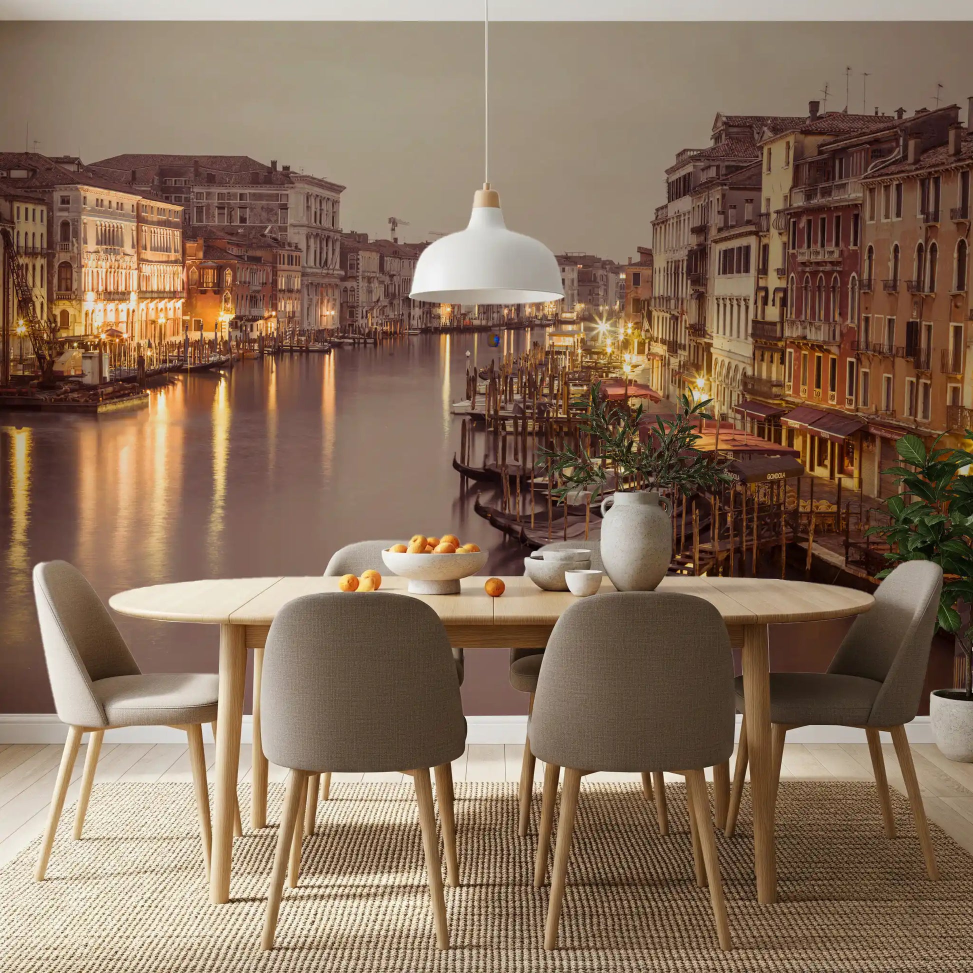 Italian dusk falls into the Dining room by this Canal Glow wall mural