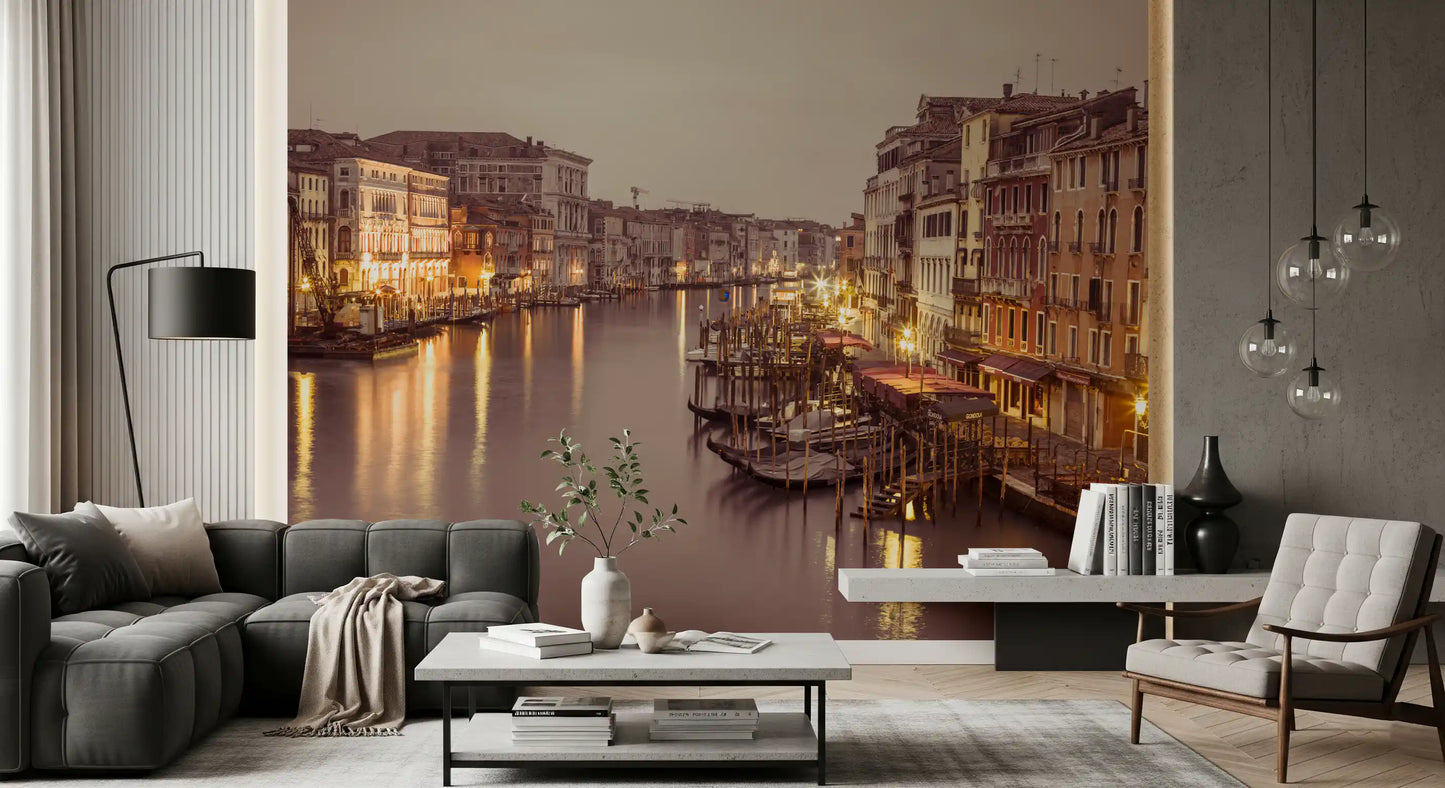 Mauve sky hovers above the living room with this Grand Canal Glow wall mural