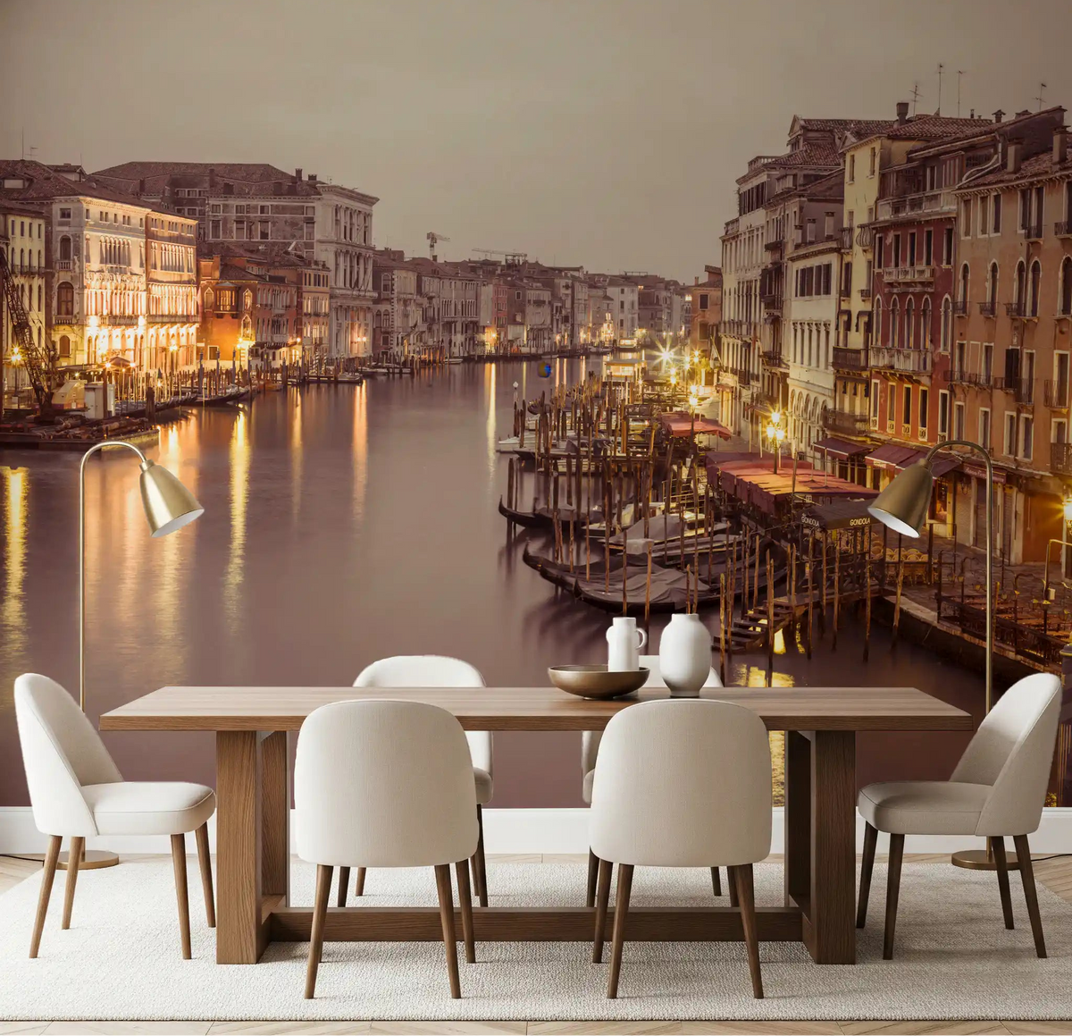 Gondolas rest along the dining room in this Venetian Grand Canal wall mural