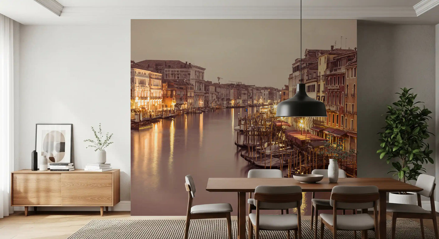 Warm-lit palazzos line both banks of the channel in this Venetian Canal Glow wall mural
