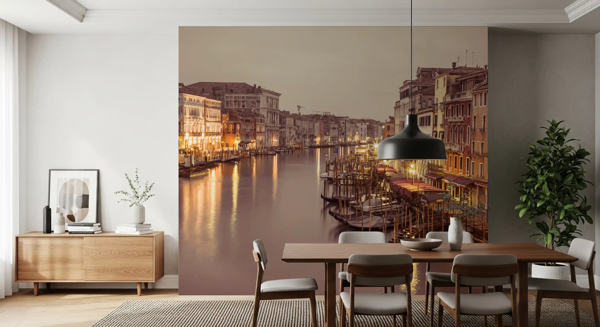 Warm-lit palazzos line both banks of the channel in this Venetian Canal Glow wall mural