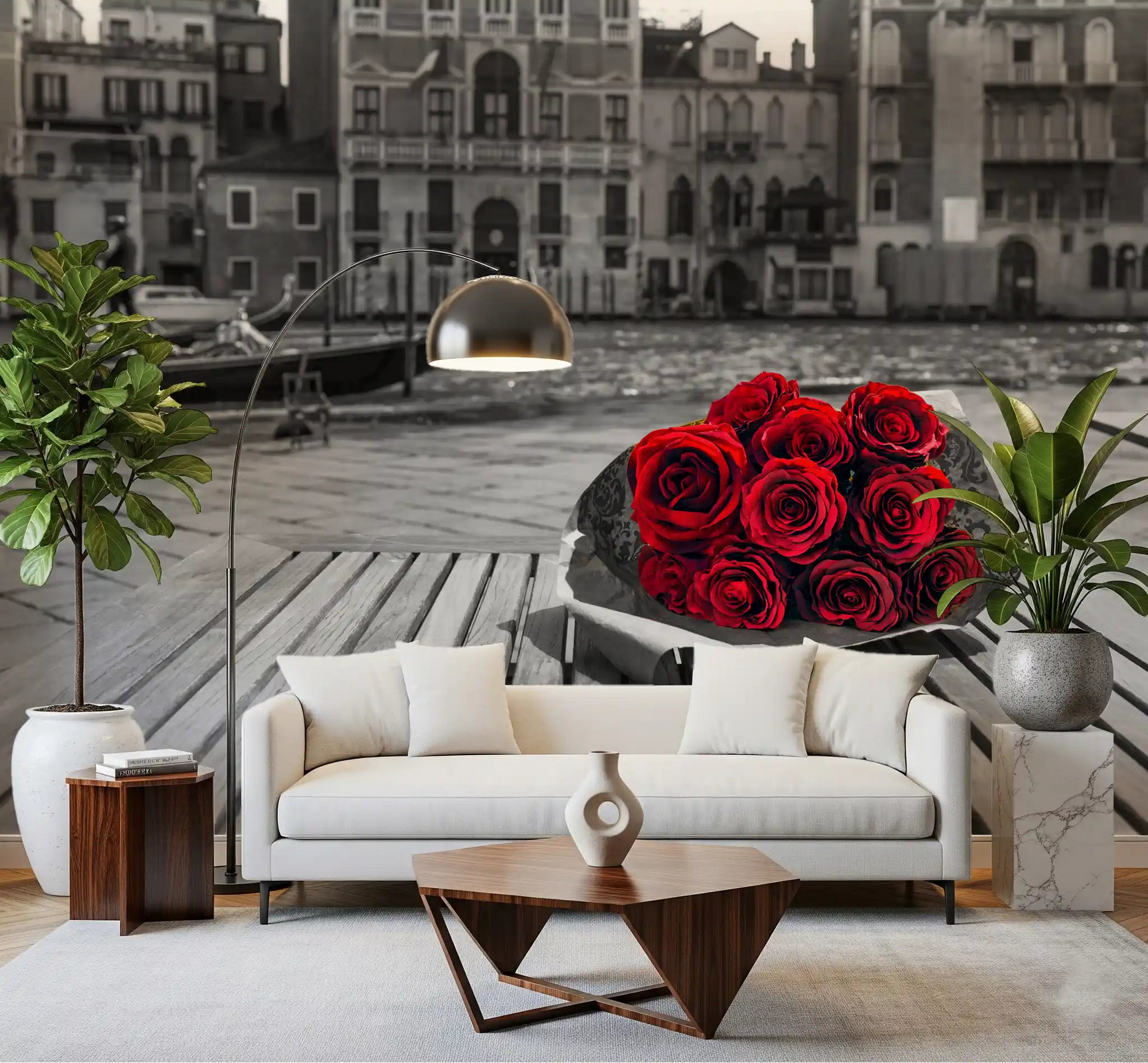 Stark crimson blooms front a living room in the Red Roses, Grey Venice wall mural.