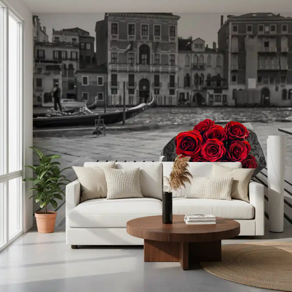 Architectural greys of the Red Roses, Grey Venice wall mural edge a Living room view.