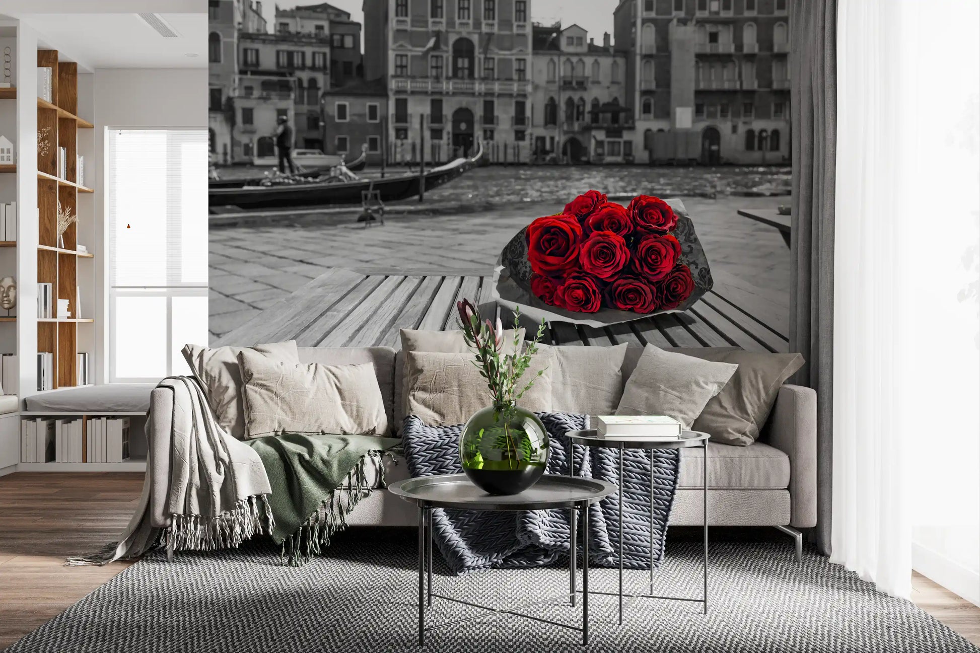 Cinematic contrast tightens the Red Roses, Grey Venice wall mural around one bloom.