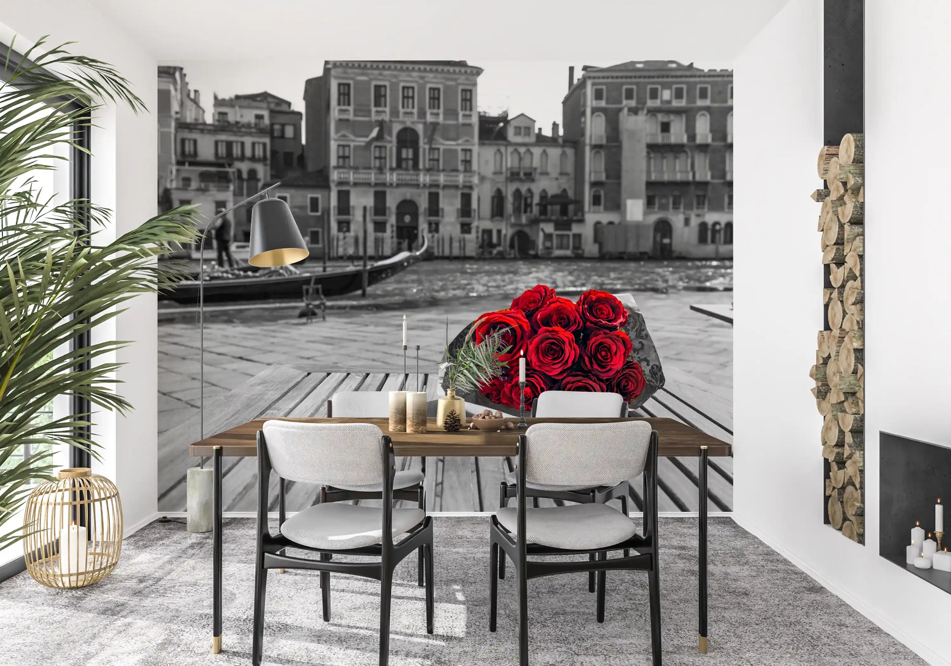 Scarlet blooms occupy front and centre of the Red Roses, Grey Venice wall mural.