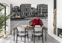Scarlet blooms occupy front and centre of the Red Roses, Grey Venice wall mural.