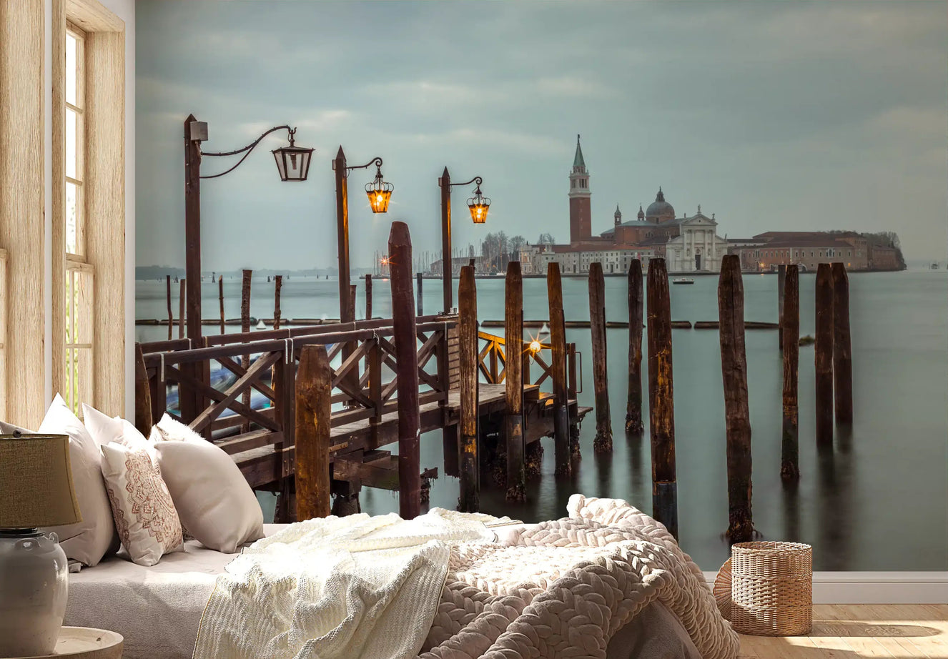 Lantern light meets a bedroom with the Venetian Twilight Pier wall mural overhead