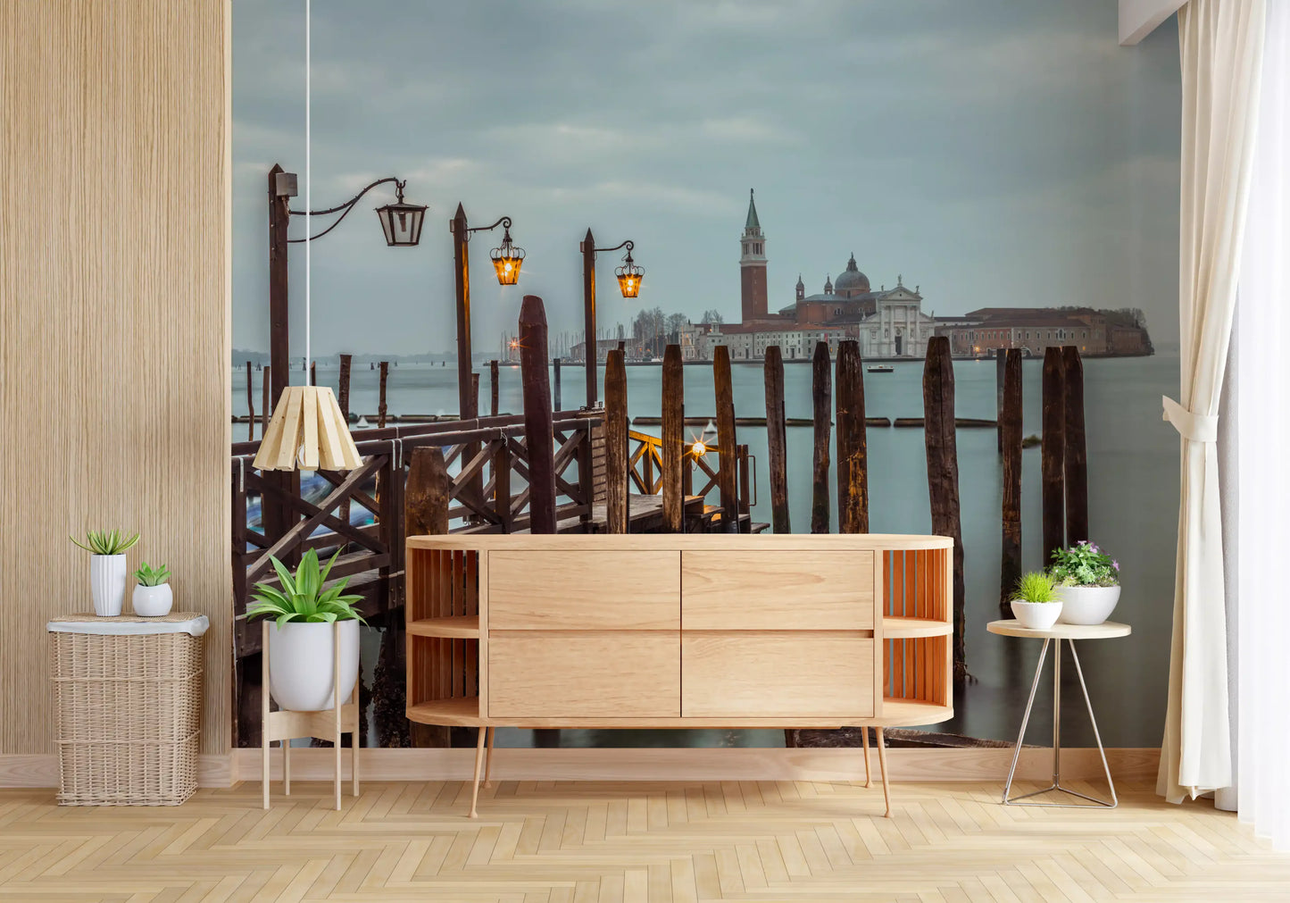 Overcast grey palette holds a Hallway  in stillness beneath this Pier wall mural