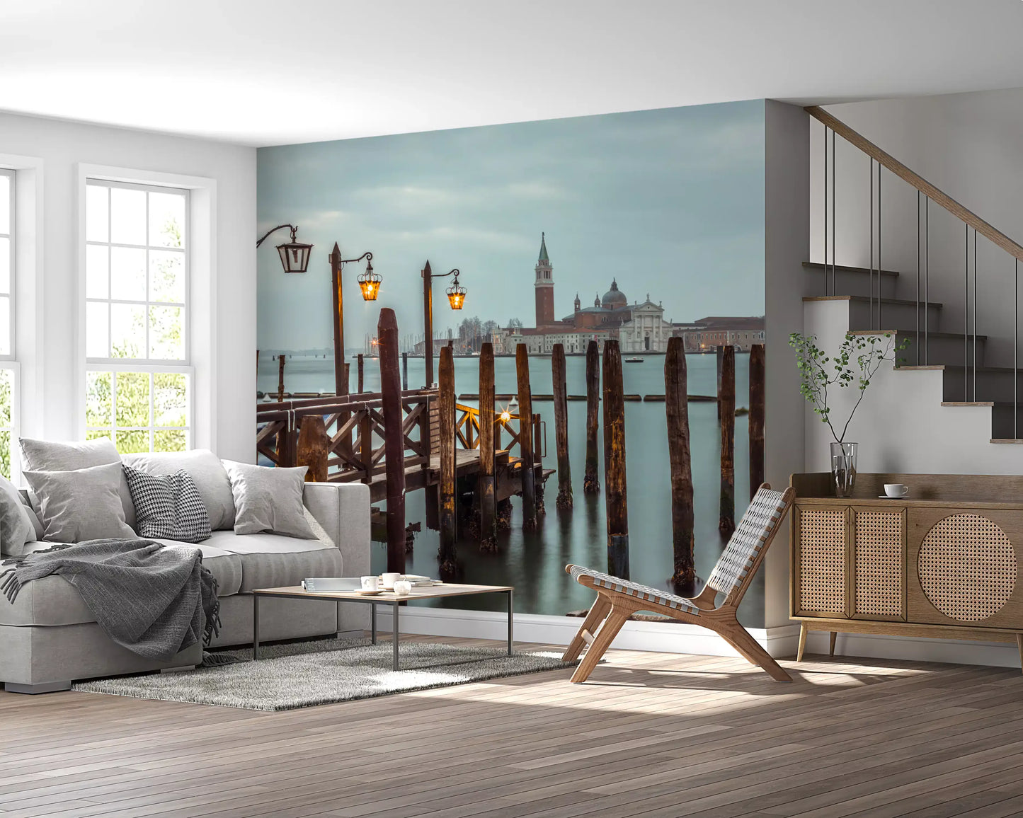 Calm water surface adds quiet to a hallway with this Pier wall mural